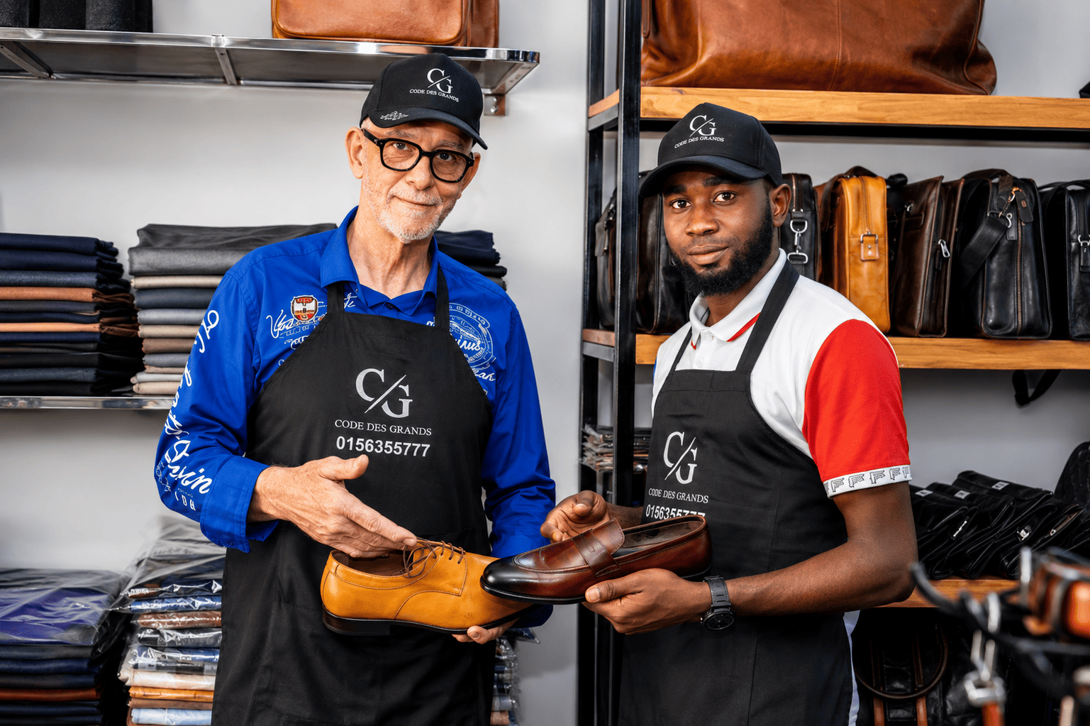 Deux membres de l’équipe CODE DES GRANDS présentent des chaussures en boutique.
